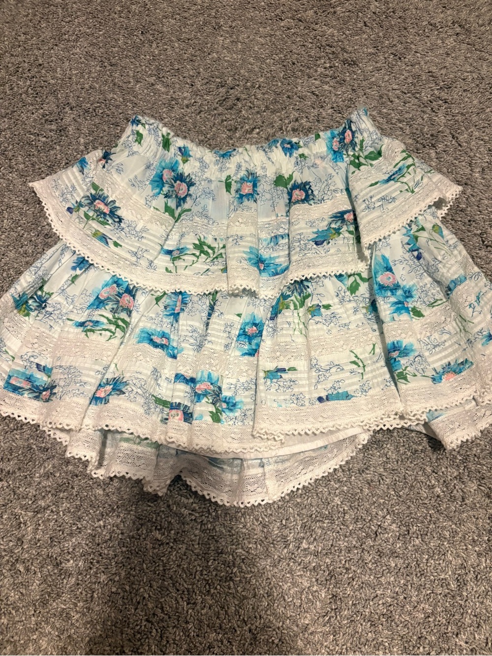 LoveShackFancy White Mini Skirt with Blue and Pink Floral Accents